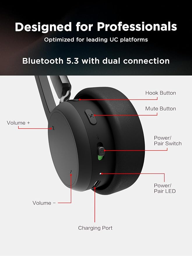 Lenovo Wireless Stereo Headset, Noise Cancelling Mic, Bluetooth 5.3 Multipoint, 31-Hour Talk & 60-Hour Playback, Lightweight 138g, Replaceable Earcups Over-Ear Comfort, Gaming, Office, & PC Use
