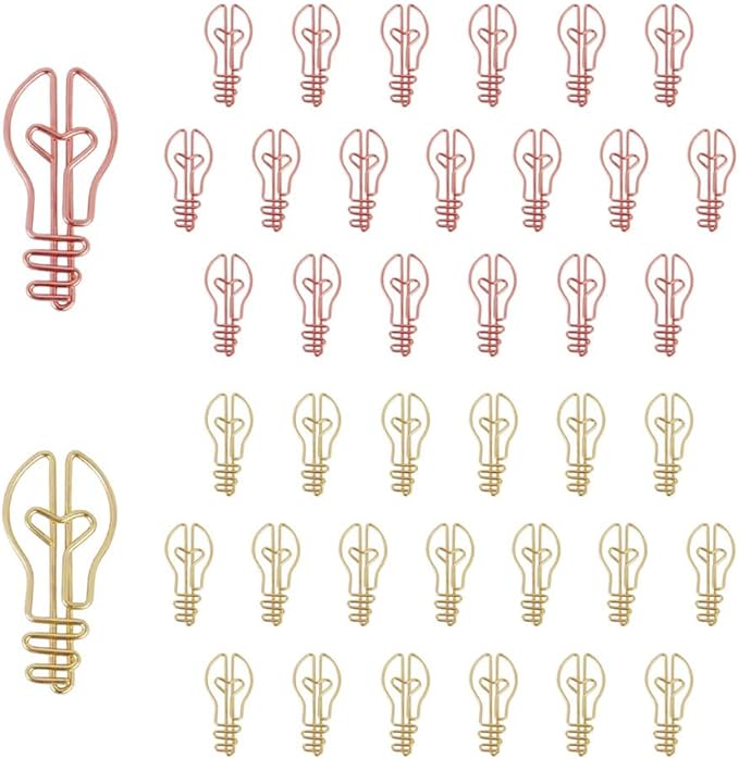 OWLFAVO 40pcs Bulb Shape Paper Clips with Clear Box, Rose Gold and Yellow Gold, Funny Cute Paperclips Bookmarks Planner Clips for Fun Office Supplies School Gifts Wedding Decoration