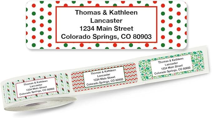 Christmas Festive Prints Rolled Personalized Return Address Mailing Labels with Dispenser, Set of 500, 5 Designs, Small ¾ x 2½ Inch Size, Custom Self-Adhesive Sticker Roll, by Colorful Images