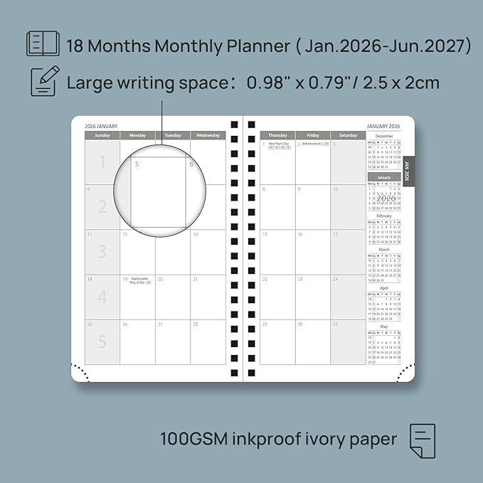 POPRUN Monthly Planner 2026-2027 (Pocket 4.25" x 6.25") 18 Months Calendar (Jan 2026 - Jun 2027) - 4 Pages per Month with Expense & Notes, Leather Cover, Sunday Starts - Green