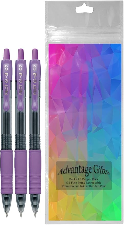 G2 Retractable Premium Gel Ink Roller Ball Pens Fine Point Fine Point (.7mm) Purple Ink 3-pk; Refillable & Premium Comfort Grip Bundle with Plastic Reusable Pouch