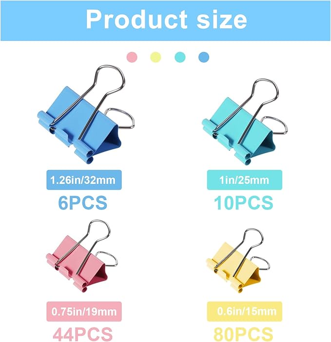 Binder Clips Assorted Sizes, 140 PCS Colored Binder Paper Clips Office Clips Office Supplies Desk, 4 Sizes Cute Binder Clips Large Medium Binder Clip Small Paper Clips Medium Paper Clamps (Colored)