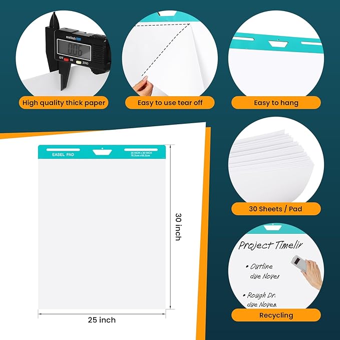 OLenyer Sticky Easel Pad, 25 x 30 Inch, White, 30 Sheets/Pad, 6 Pads/Pack, Flip Chart Paper for Teachers,Large Self-Stick Easel Paper, Super Sticking Power & Bleed-Resistant