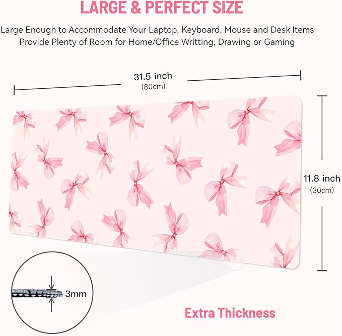 Mousepad Desk Mat Gaming Large Keyboard Cute Office Desktop Computer Laptop XXL Long Big Kawaii Aesthetic Girly Pretty Design Women Girl Gamer Oversized Wide 30x12'' Mousepad, Pink Bow