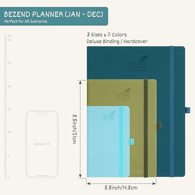 BEZEND 2026 Planner Weekly and Monthly (6" x 8.5") Daily Calendar with Half-Hourly Timeslots & Tabs (Jan-Dec) Note & Expenses, Pen Holder, Inner Pocket, Vegan Leather Hardcover - Mint Green