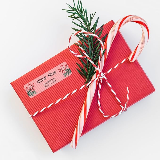 Clear Pine and Holly Rolled Address Labels / 250 Personalized Return Address Labels/Designer Address Stickers in Elegant Plastic Dispenser
