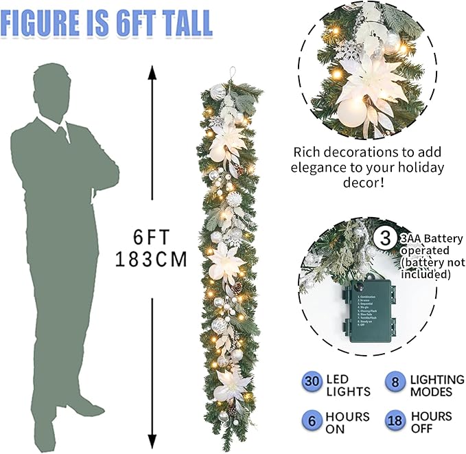 Lighted Christmas Garland for Mantle,Fireplace,Stairs, Garland for Front Door Pre-lit 6 feet Winter White Silver Poinsettia Garland with 25 LED Lights,Timer & Battery Operated.in/Out Door Decor
