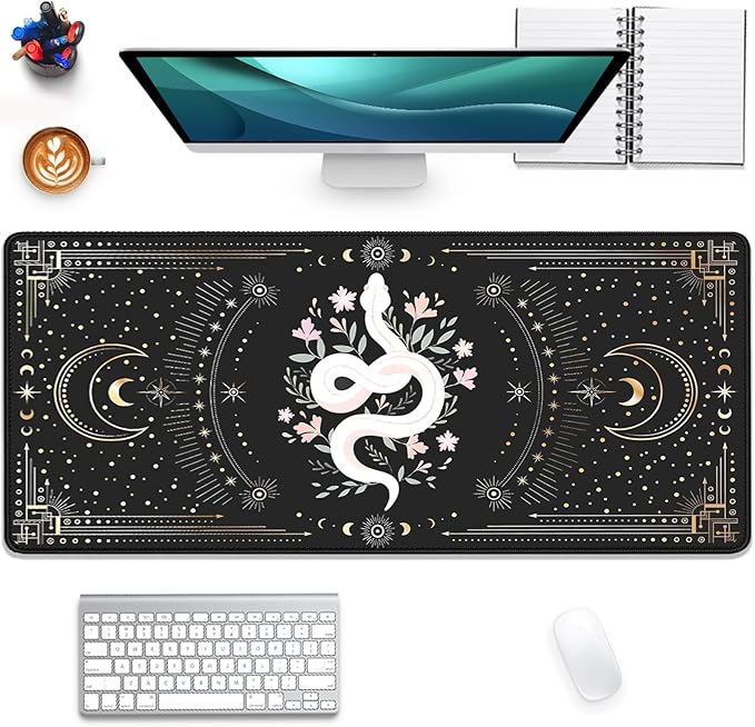Mysterious Starry Sky Moon and White Snake Pattern Large Extended Gaming Mouse Pad E-Sports Office Desk Mat Keyboard Pad Rubber Non-Slip Computer Mouse Mat Suitable for Home Office Work(27.5X11.8 in)