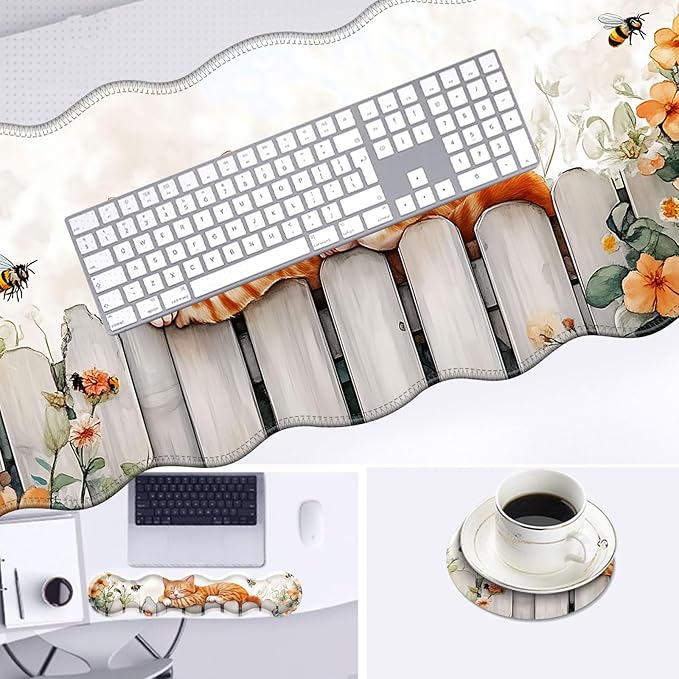Large Mouse Pad and Keyboard Wrist Rest, Desk Pad for Keyboard and Mouse, 4-in-1 Large Gaming Mouse Pad with Wrist Support, Desk Mat for Home Office Study Game-Sleeping Cat on Fence