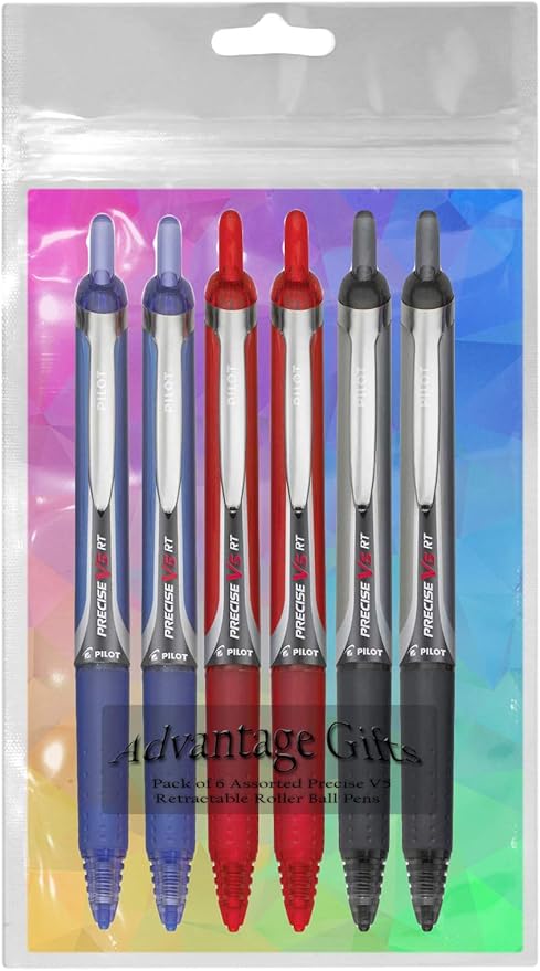 Precise V5 RT Retractable Rolling Ball Pens, Extra Fine Point (.5mm), Assorted Colors Black/Blue/Red Ink, 6-pk; Premium Comfort Grip, Bundle with Plastic Reusable Pouch