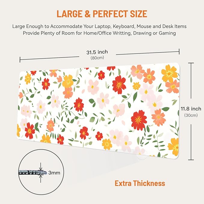 Mousepad Desk Mat Gaming Large Keyboard Cute Office Desktop Computer Laptop XXL Long Big Kawaii Aesthetic Girly Pretty Design Women Girl Gamer Oversized Wide 30x12'' Mousepad, Red Floral