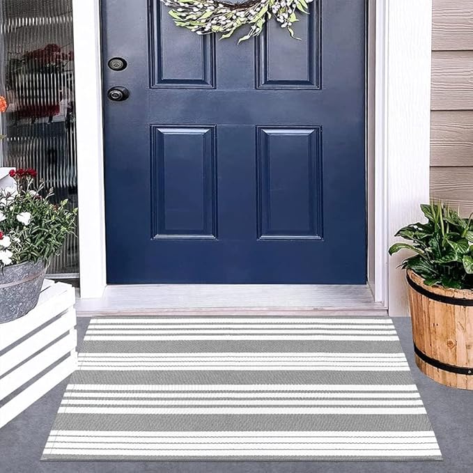 OJIA Christmas Front Door Mat Outdoor 24"x35" Front Door Rug Gray and White Striped Outdoor Rugs Washable Entry Rug Indoor Door Mats Cotton Woven Small Area Rugs for Entrance/Porch/Kitchen/Entryway