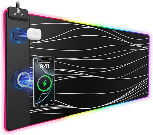 Mouse Pad with Magnetic Wireless Charging, Large Desk Pad Protector, RGB Black Mousepad Desk Mat with 15W Fast Charger, 4mm Thick Non-Slip, Waterproof Laptop Writing Pad for Office, Home, Gaming