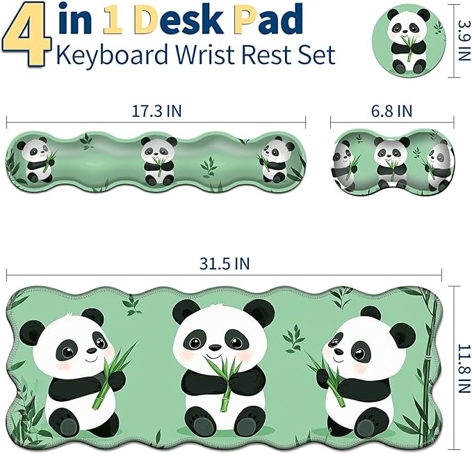 4-Piece XXL Gaming Mouse Pad Set (31.5"x11.8") with Keyboard Wrist Rest,Mouse Wrist Support & Coaster,Ergonomic Non-Slip Desk Mat for Office & Home,Cute Three Pandas
