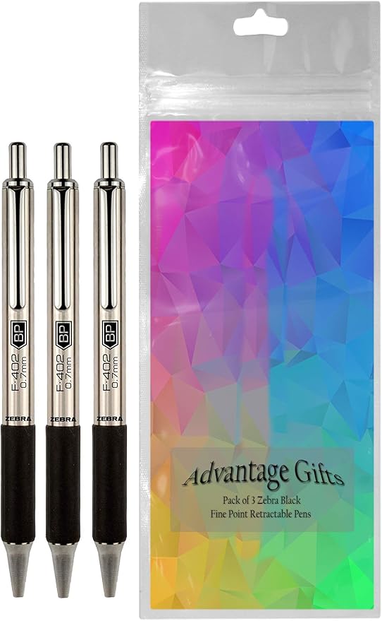 Zebra F-402 Ballpoint Stainless Steel Retractable Pen, Fine Point, 0.7mm, Black Ink, 3-Count Bundle with Plastic Reusable Pouch