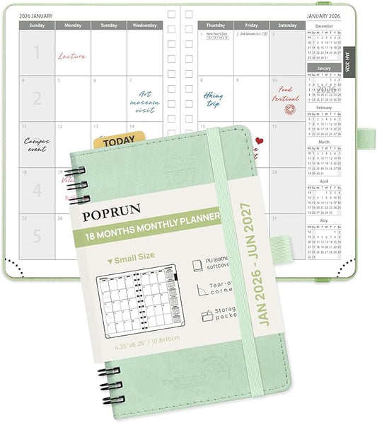 POPRUN Monthly Planner 2026-2027 (Pocket 4.25" x 6.25") 18 Months Calendar (Jan 2026 - Jun 2027) - 4 Pages per Month with Expense & Notes, Leather Cover, Sunday Starts - Green