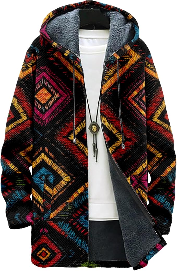 MARSVOVO Mens Cardigan Sweater Cool Graphic Lined Fleece Long Coat Zip With Pockets Fashion Coat Warm Fitted Jacket