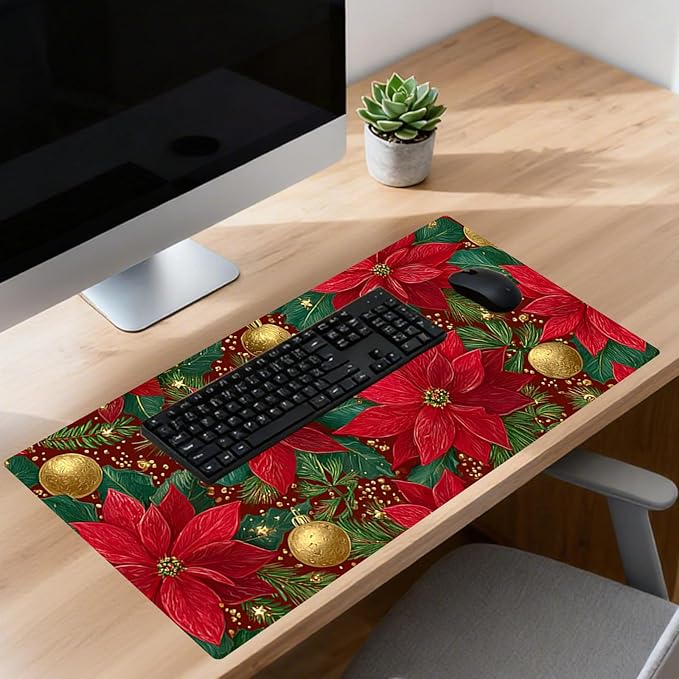 Nuxovilar Professional Large Mouse Pad & Computer Game Mouse Mat (35.4x15.7IN, Christmas Poinsettia & Gold Ornaments) (90 * 40cm Christmas Theme)