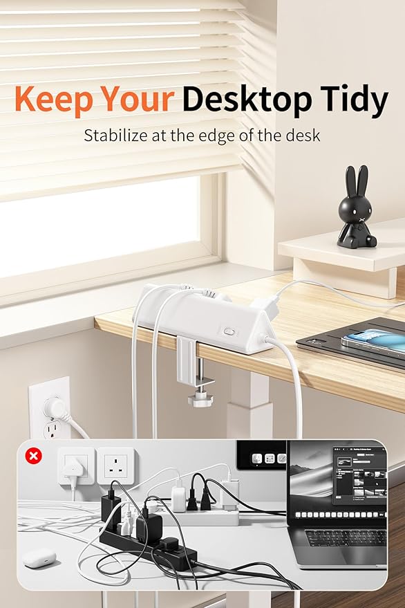 10 FT Desk Clamp Power Strip with 5 AC Outlets & 6 USB Ports PD 40W USB-C Fast Charging, 1250J Surge Protector, Fits 2.6 in top Edge White