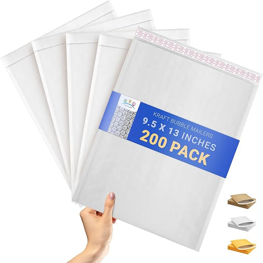 ABC PACK & SUPPLY White Kraft Bubble Mailer Envelopes, 9.5 x 13 Inches. 200 Pack Mail Padded Envelopes Self Seal. Kraft Bubble Mailers. Tear-Resistant Mailing Envelope Padded. Sturdy Paper Mailer