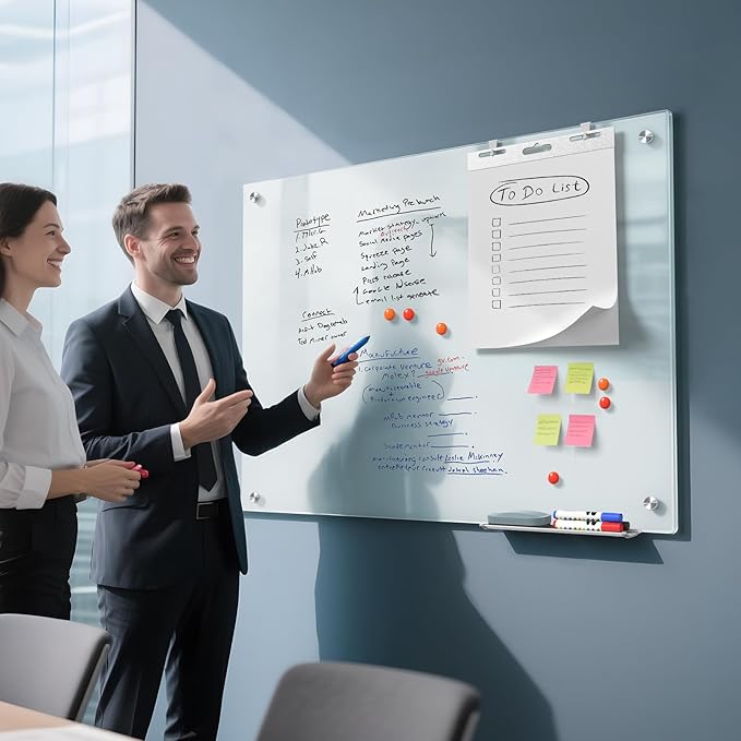 MaxGear Glass White Board 36x24 Inches, Wall Mounted Magnetic Glass Dry Erase Board, Large Frameless Whiteboard with 1 Eraser,3 Markers and 6 Magnets for Office, School, Home
