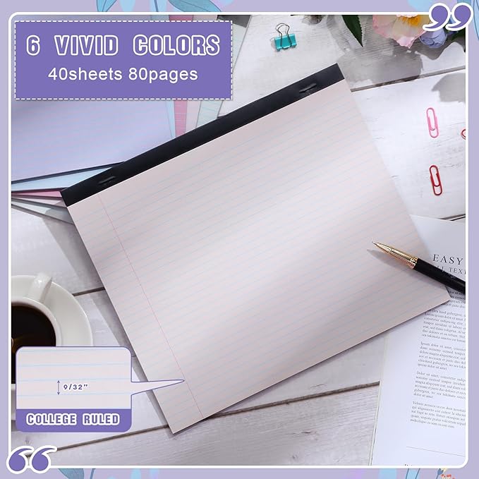 Lincia 6 Pcs 11" x 9.5" Legal Pads College Ruled Notepad Landscape Notebook Horizontal Lined Notebook 80 Gsm Assorted Colors Paper Pastel Writing Pads for School Office, 40 Sheet (Classic Color)