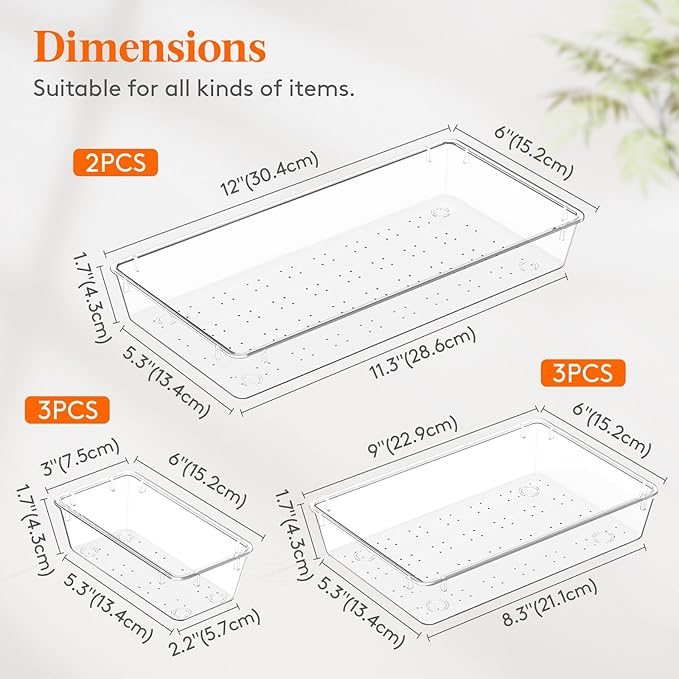 Lifewit 8 Pcs Large Bathroom Drawer Organizers, 3 Sizes Clear Plastic Storage Organizer Trays for Make Up, Kitchen Utensils, Vanity Accessories in Bathroom/Office/Dresser Organization