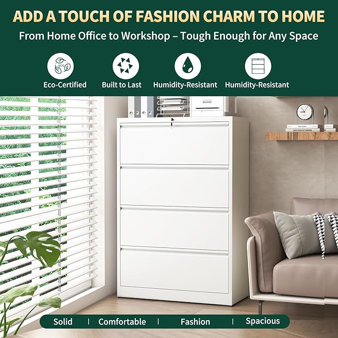 Lateral File Cabinet 4 Drawer, Metal File Cabinets for Home Office Legal/Letter A4 Size, File Cabinet with 4 Lock, Require Assembly, White