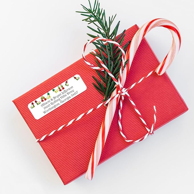 Whimsical Elf Shoes Rolled Address Labels / 500 Personalized Return Address Labels/Designer Address Stickers in Elegant Plastic Dispenser