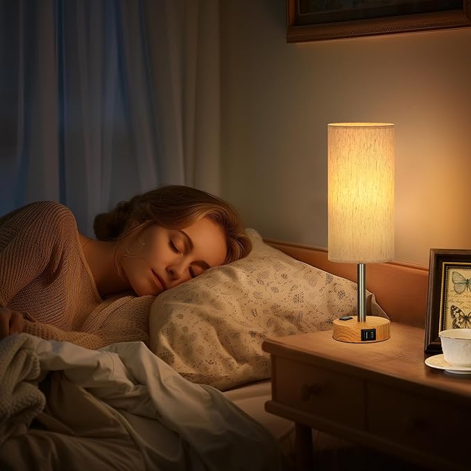 Fenmzee Small Touch Table Lamps Set of 2-3-Way Dimmable, USB A + C Charging, AC Outlet, Wood Grain Base, Bulbs Included