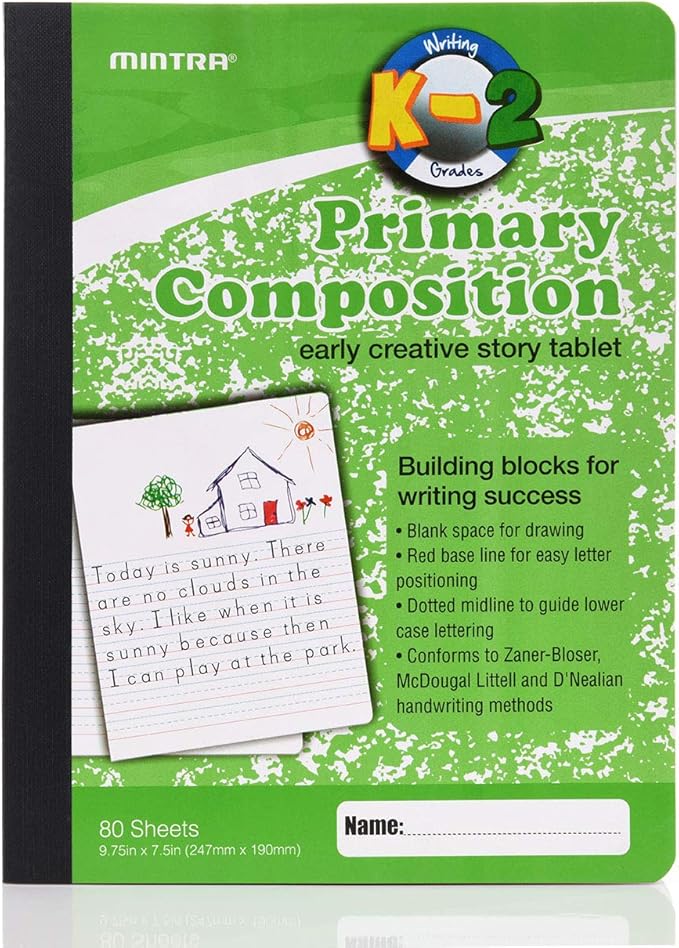 Mintra Primary Composition Notebook, 24 units 6-4 Pack, Assorted Colors, 80 Sheets, 7.5in x 9.75in, 1/2 Sheet, Ruled with Drawing Area, Flexible Hardcover Journal, Grades K-2, School & Home Use