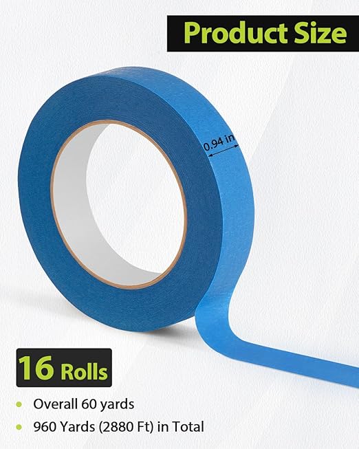 Lzerking Painters Tape 16 Rolls (Total 960 Yards) 0.94 Inch x 60 Yards Masking Tape Blue Paint Tape for Walls, Wood, Glass No Residue, Easy Tear