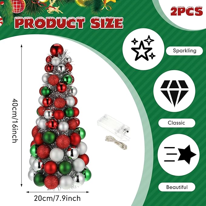 Meooeck 2 Pcs Christmas Ball Tree with Lights 16 Inch LED Fireplace Table Holiday Xmas Tree Decorations Tabletop Christmas Beach Decorations for Party(Red, Silver, Green)