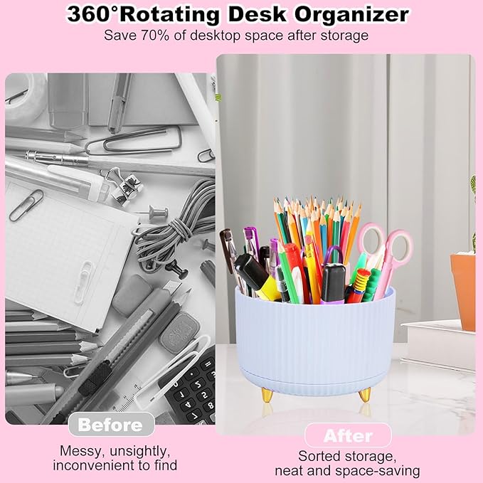 Desk Organizers and Accessories Set with 360-Degree Rotating Pen Holder, Tape Dispenser, Stapler, Staple Remover, 1000 Staples, Tape, Clips Set, Ruler, Scissor, Pen