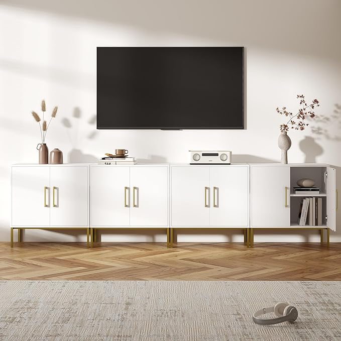 LYNSOM Storage Cabinet with Doors, Set of 4, Modern Buffet Cabinet with Storage, Kitchen Sideboard Buffet, White Wood Accent Cabinet for Living Room, Bedroom, Hallway, Entryway, Office, White