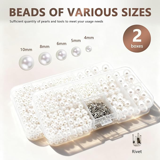 Pearl Setting Machine Hand Press Tools 2 Boxes White No Holes Pearl Beads with Rivet Studs Screw Heads L Hexagon Wrench for Decorating Clothes Hat Trousers Dresses Bag Hair Band DIY Crafts (Pink)