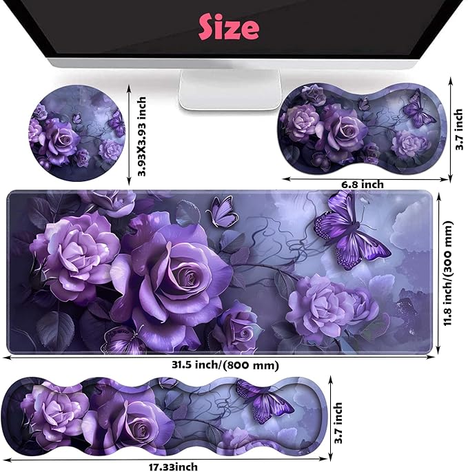 Large XXL Gaming Desk Mat 31.5"x 11.8", Ergonomic Keyboard Wrist Rest & Mouse Pad Wrist Rest + Coaster Set, Non-Slip Base, Memory Foam, Office and Home, Purple Rose