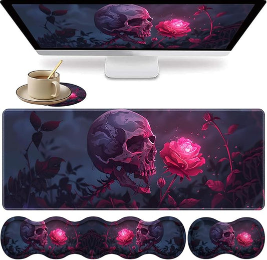 Large XXL Gaming Desk Mat 31.5"x 11.8", Ergonomic Keyboard Wrist Rest & Mouse Pad Wrist Rest + Coaster Set, Non-Slip Base, Memory Foam, Office and Home, Rose Skull