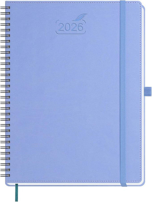 BEZEND 2026 Planner Weekly and Monthly (8.5" x 11" Spiral) Daily Calendar with Half-Hourly Timeslots & Tab (Jan-Dec) Note & Expenses, Pen Holder, Inner Pocket, Vegan Leather Softcover - Cornflower