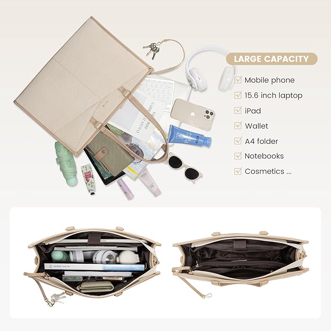 LOVEVOOK Laptop Bag for Women, 15.6 inch Laptop Tote Work Teacher Bags Cancas Computer Shoulder Bag,Canvas/Apricot Beige