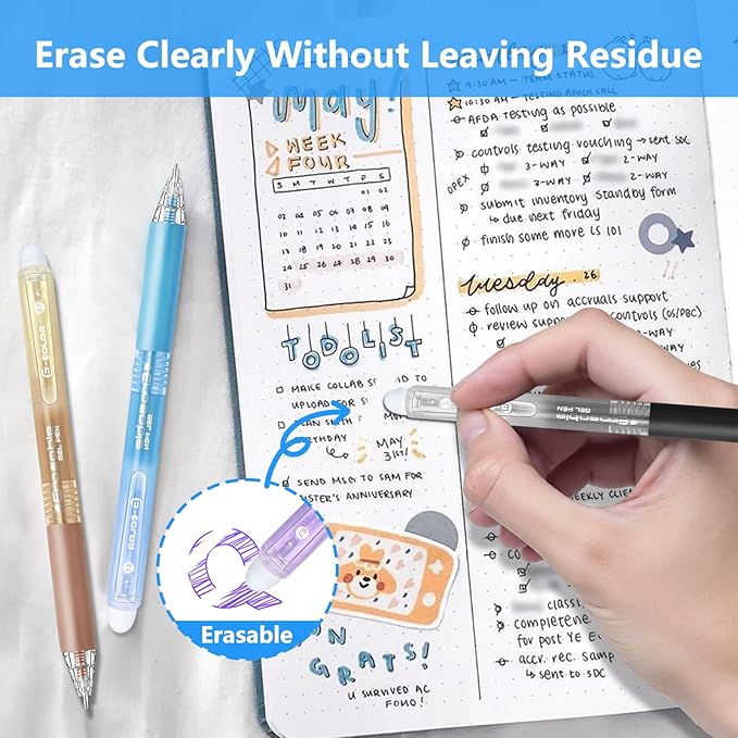 Erasable Gel Pen 12 Colors, Retractable Clicker 0.7mm Fine Point, Assorted Colors Inks, Make Mistakes Disappear, Erasable Gel Pens Perfect for Writing, Drawing & Planners
