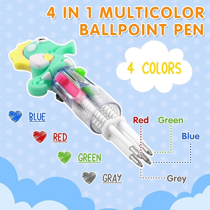 arscniek 100Pcs Multicolor Pen in One, 4-in-1 0.5mm Fine Point Cute Pens, Fun Kawaii Ballpoint Pen for Party Favors, Classroom Prizes, Teacher School Supplies, Bulk Gifts for Students