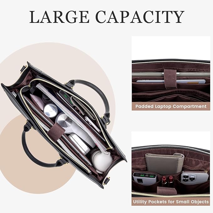 LOVEVOOK Laptop Bag for Women, 15.6 inch Laptop Tote Work Bag Purse, Large Waterproof Leather Computer Briefcase for Office, Beige-Black