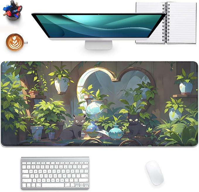 Lofi Cat Mouse Pad Green Plant Desk Pad,Black Cat Extended Gaming Mouse Mat with Stitched Edges Non-Slip Waterproof Rubber Base Mous Mat for Office,Computer,Keyboard,Laptop,Home Desk Pad(27.5X11.8 in)