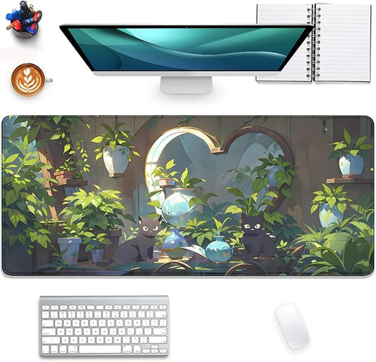 Lofi Cat Mouse Pad Green Plant Desk Pad,Black Cat Extended Gaming Mouse Mat with Stitched Edges Non-Slip Waterproof Rubber Base Mous Mat for Office,Computer,Keyboard,Laptop,Home Desk Pad(27.5X11.8 in)
