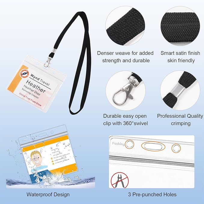 Name Badge Holders with Lanyards - Fushing 50Pcs Clear Plastic Horizontal Name Tag Badge ID Card Holders and Lanyards for 3 x 4 Inch Name Badge Inserts or Name Tag Inserts