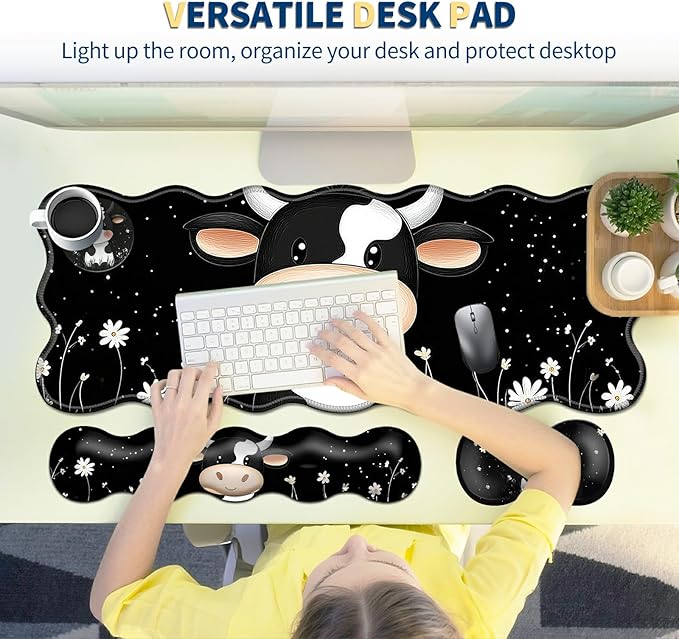 4-Piece XXL Gaming Mouse Pad Set (31.5"x11.8") with Keyboard Wrist Rest,Mouse Wrist Support & Coaster,Ergonomic Non-Slip Desk Mat for Office & Home,Cute Black White Cow