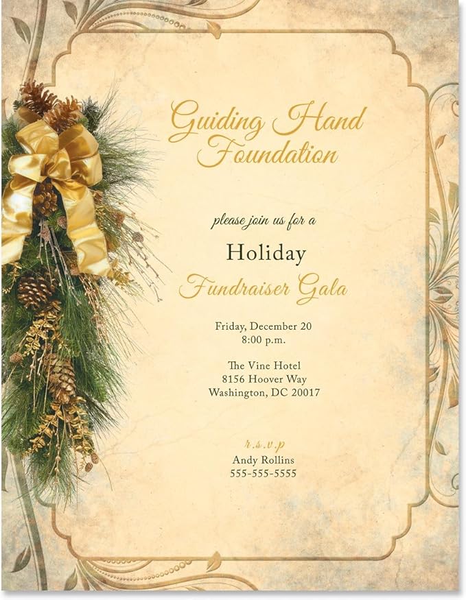 PaperDirect Vintage Gold Holiday Elegance Border Paper, Light Gold Background with Scrolls, Pine Boughs and Ribbon Design, 8.5 x 11, Acid-Free, Ideal for Invitations, Cards, 50 Sheets