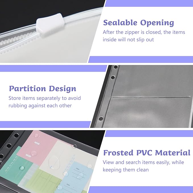 10 Pack Zippered Binder Pocket Sleeves for 6 Ring A5 Binder - Frosted Divided Pouch Photo Card Jewelry Storage Binder Insert Refills 2 Pocket Cash Saving Sheets Protector Loose Leaf Bags