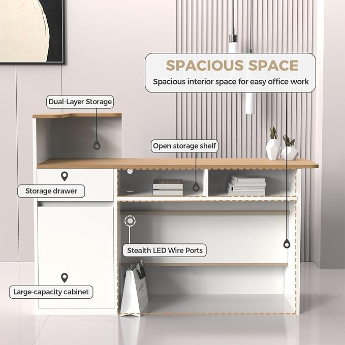Modern Reception Desk with LED Lights - 47" Front Desk Reception Counter with Dual Display Shelves & Hidden Cable Management, Lockable Drawer & Storage Cabinet for Office, Salon, Spa, Retail, Left